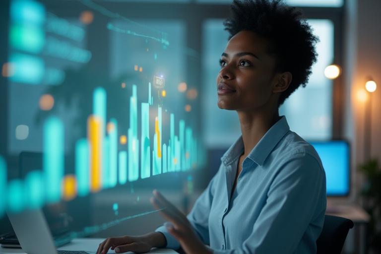 A person confidently looking at glowing financial charts, representing financial clarity and future planning.